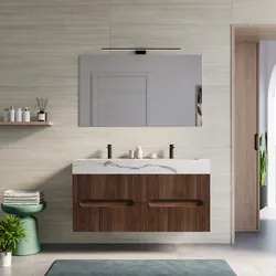 Mobile bagno sospeso 120 cm 4 cassetti rovere deciso con lavabo alto doppia vasca effetto marmo apuano imperiale - Tayga