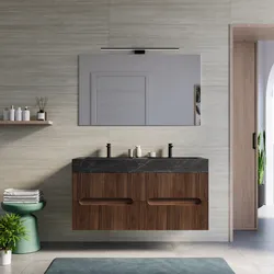 Mobile bagno sospeso 120 cm 4 cassetti rovere deciso con lavabo alto doppia vasca effetto marmo dolomite striato - Tayga