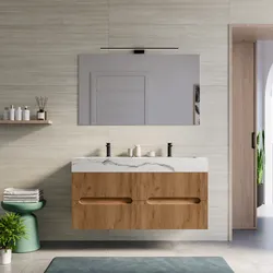 Mobile bagno sospeso 120 cm 4 cassetti rovere gold con lavabo alto doppia vasca effetto marmo apuano imperiale - Tayga