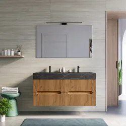 Mobile bagno sospeso 120 cm 4 cassetti rovere gold con lavabo alto doppia vasca effetto marmo dolomite striato - Tayga