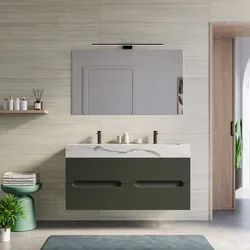 Mobile bagno sospeso 120 cm 4 cassetti verde cemento con lavabo alto doppia vasca effetto marmo apuano imperiale - Tayga