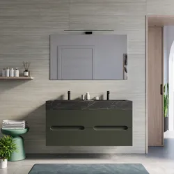 Mobile bagno sospeso 120 cm 4 cassetti verde cemento con lavabo alto doppia vasca effetto marmo dolomite striato - Tayga