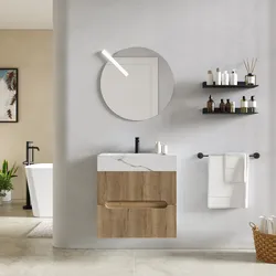 Mobile bagno sospeso 60 cm 2 cassetti rovere acero con lavabo alto effetto marmo apuano imperiale - Tayga