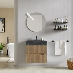 Mobile bagno sospeso 60 cm 2 cassetti rovere acero con lavabo alto effetto marmo dolomite striato - Tayga
