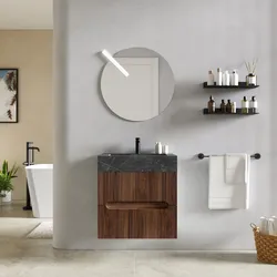 Mobile bagno sospeso 60 cm 2 cassetti rovere deciso con lavabo alto effetto marmo dolomite striato - Tayga
