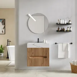 Mobile bagno sospeso 60 cm 2 cassetti rovere gold con lavabo alto effetto marmo apuano imperiale - Tayga