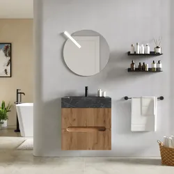 Mobile bagno sospeso 60 cm 2 cassetti rovere gold con lavabo alto effetto marmo dolomite striato - Tayga