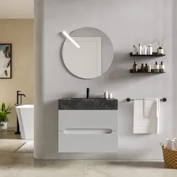 Mobile bagno sospeso 70 cm 2 cassetti bianco opaco con lavabo alto effetto marmo dolomite striato - Tayga