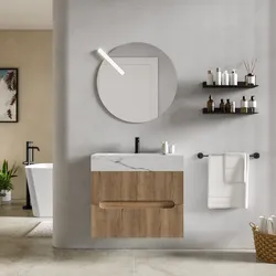Mobile bagno sospeso 70 cm 2 cassetti rovere acero con lavabo alto effetto marmo apuano imperiale - Tayga