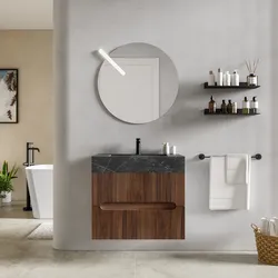 Mobile bagno sospeso 70 cm 2 cassetti rovere deciso con lavabo alto effetto marmo dolomite striato - Tayga