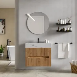 Mobile bagno sospeso 70 cm 2 cassetti rovere gold con lavabo alto effetto marmo apuano imperiale - Tayga