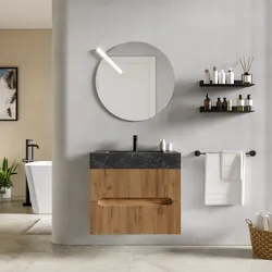 Mobile bagno sospeso 70 cm 2 cassetti rovere gold con lavabo alto effetto marmo dolomite striato - Tayga