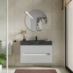 Mobile bagno sospeso 90 cm 2 cassetti bianco opaco con lavabo alto effetto marmo dolomite striato - Tayga