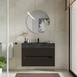 Mobile bagno sospeso 90 cm 2 cassetti cacao con lavabo alto effetto marmo dolomite striato - Tayga