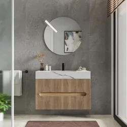 Mobile bagno sospeso 90 cm 2 cassetti rovere acero con lavabo alto effetto marmo apuano imperiale - Tayga