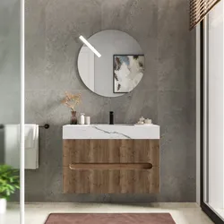 Mobile bagno sospeso 90 cm 2 cassetti rovere america con lavabo alto effetto marmo apuano imperiale - Tayga
