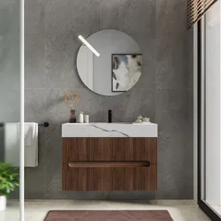Mobile bagno sospeso 90 cm 2 cassetti rovere deciso con lavabo alto effetto marmo apuano imperiale - Tayga