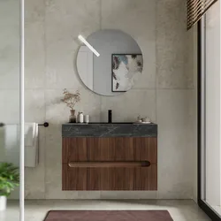 Mobile bagno sospeso 90 cm 2 cassetti rovere deciso con lavabo alto effetto marmo dolomite striato - Tayga