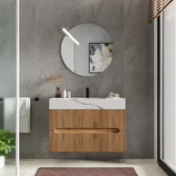 Mobile bagno sospeso 90 cm 2 cassetti rovere gold con lavabo alto effetto marmo apuano imperiale - Tayga