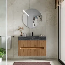 Mobile bagno sospeso 90 cm 2 cassetti rovere gold con lavabo alto effetto marmo dolomite striato - Tayga