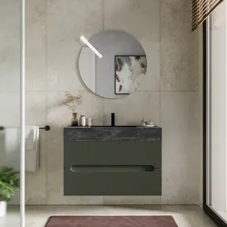 Mobile bagno sospeso 90 cm 2 cassetti verde cemento con lavabo alto effetto marmo dolomite striato - Tayga