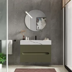 Mobile bagno sospeso 90 cm 2 cassetti verde nordico con lavabo alto effetto marmo apuano imperiale - Tayga