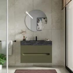 Mobile bagno sospeso 90 cm 2 cassetti verde nordico con lavabo alto effetto marmo dolomite striato - Tayga