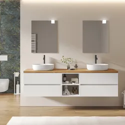 Mobile bagno sospeso 200 cm con vano a giorno 40 cm bianco opaco con top alto rovere gold - Cuki