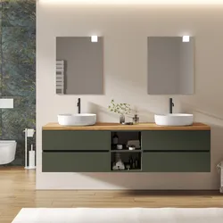 Mobile bagno sospeso 200 cm con vano a giorno 40 cm verde cemento con top alto rovere gold - Cuki