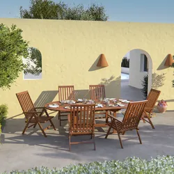 Set pranzo tavolo 180/240x120 cm e 6 sedie pieghevoli con braccioli in legno teak - Louis