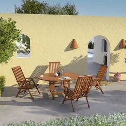 Set pranzo tavolo rotondo 120/170x120 cm e 4 sedie pieghevoli con braccioli in legno teak - Louis