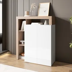 Credenza 108x126h cm bianco lucido e rovere cast con 2 ante - Conan