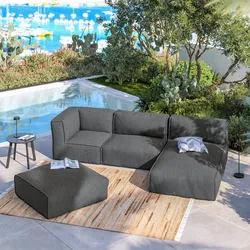 Divano da esterno modulare 4 posti con chaise longue e pouf in tessuto olefin grigio scuro - Baku
