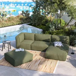 Divano da esterno modulare 4 posti con chaise longue e pouf in tessuto olefin verde oliva - Baku