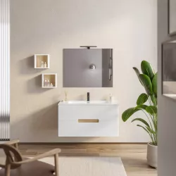 Mobile bagno sospeso 100 cm bianco lucido e rovere biondo con specchio -  Fisher