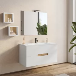 Mobile bagno sospeso 100 cm bianco lucido e rovere biondo con specchio -  Fisher