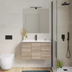 Mobile bagno sospeso 80 cm con ante e cassetti rovere chiaro - Compact