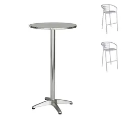 Set da bar alto con tavolo rotondo Ø60cm in alluminio + 2 sgabelli con schienale