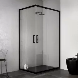 Box doccia angolare 90x140 cm scorrevole profilo nero in vetro temperato anticalcare 200h - Naomi