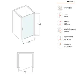 Box doccia nicchia 90 cm battente vetro temperato opaco profilo cromo 195h  - Moritz