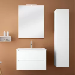 Mobile bagno sospeso soft touch bianco neve opaco da 80 cm con specchio e colonna alta 160h cm - Agata