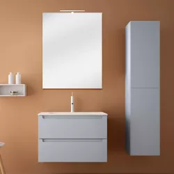 Mobile bagno da 80 cm soft touch azzurro laguna opaco con lavabo specchio e colonna 160h cm - Agata