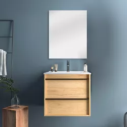 Mobile bagno sospeso 60 cm con 2 cassetti e specchio in rovere chiaro - Maestro