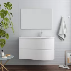 Mobile sospeso asimmetrico da 90 cm con lavabo a destra bianco neve opaco - Lola