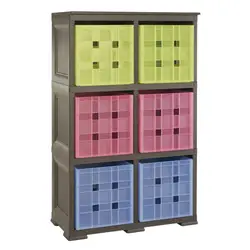 Scaffale quadrato wengè con vani dotati di 4 contenitori rimovibili colorati