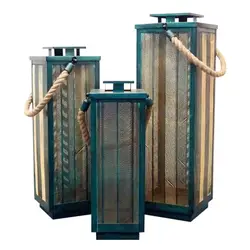 Set 3 lanterne per interno o esterno in metallo verde e oro con manico in corda