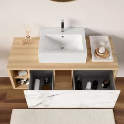 Mobile bagno sospeso 120 cm profondità 51 cm rovere e marmo bianco con  lavabo e specchio contenitore - Ladama