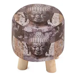 Pouf sgabello o poggiapiedi Ø30 cm con piedi in legno e rivestimento disegno Buddha