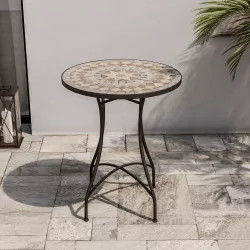 Tavolo rotondo 60 cm in metallo nero con decorazione mosaico a stella toni caldi - Otranto