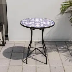 Tavolo rotondo 60 cm in metallo nero con decorazione maiolica bianco e blu - Otranto
